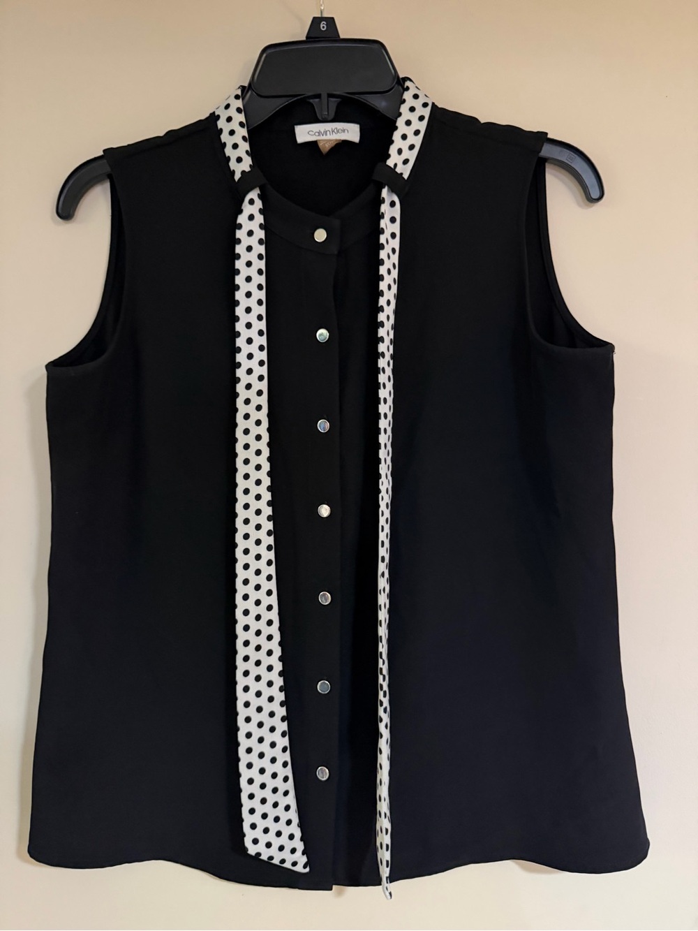 Calvin Klein Black Sleeveless Blouse with White Polka Dot Tie